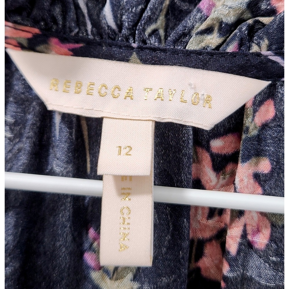 Rebecca Taylor Silk Blend Floral Ruffle Sleeveless Mini Dress Navy Pink Size 12 - Picture 6 of 6